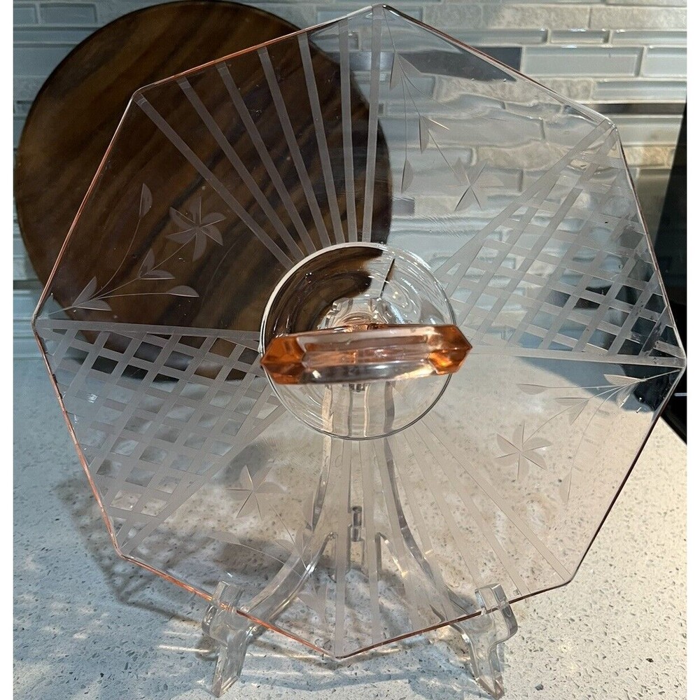 Vtg Pink Depression Glass Tidbit Tray...Etched Floral Design And Center Handle.